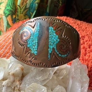 Copper turquoise and coral chip inlay cuff bracelet